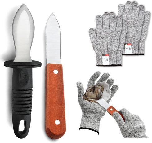 6.8’’ and 7.9’’ Stainless Steel Oyster Shucking Knives and 4Pieces of Level 5 Cut-Resistant Gloves (L), Oyster Knife Suitable For All Kinds of She...