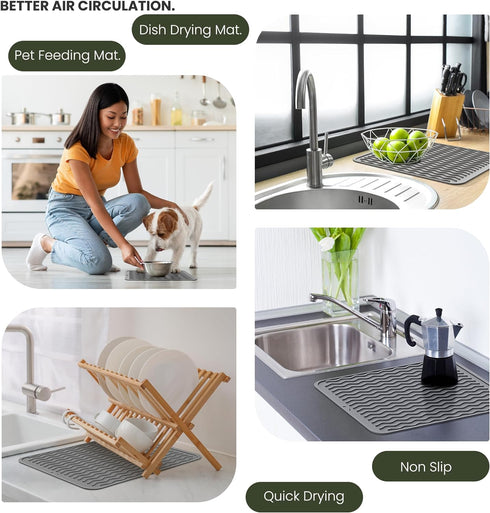 Silicone Dish Drying Mat for Multi-Usage, Dish Drying Mats for Kitchen Counters, Sink, Refrigerator, Drawer Liner with Rapid Drying and Easy Stora...