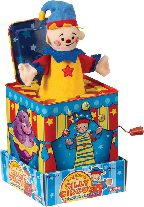 Schylling Silly Circus Jack in the Box - Classic Children's Musical Toy - Colorful Embossed Tin Box and Friendly Plush - Age 18 months and Up...