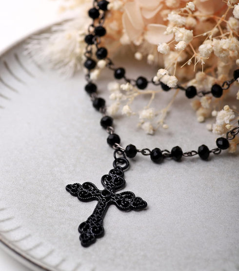 Sacina Gothic Layered Cross Necklace, Zinc Alloy Black Bead Cross Choker Necklace, Halloween Goth Jewelry Gift for Women (Layered Bead Cross)...