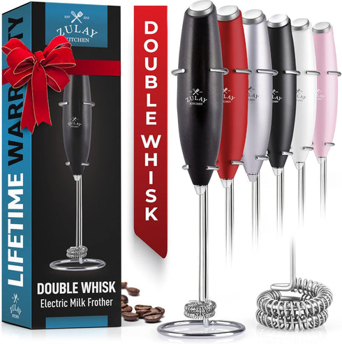 Zulay Kitchen Powerful Double Whisk Milk Frother Handheld - Foam Maker With Stand - Whisk Drink Mixer for Coffee, Mini Foamer for Latte, Matcha, F...