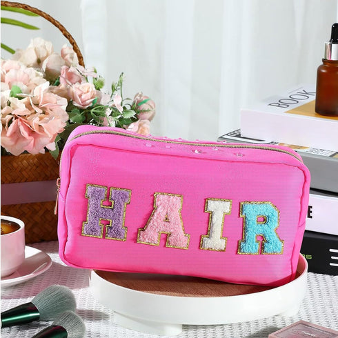 Hillban 4 Pack Chenille Letter Bag Makeup Bag Preppy Skincare Bag Nylon Cosmetic Pouch Zipper Waterproof Organizer Makeup Travel Bag Set for Teen ...