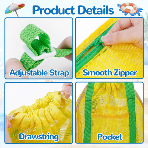 3 Pcs Mesh Beach Bag Set, Sand Beach Toy Bag, Seashell Collecting Bag Tote with Adjustable Carrying Strap & Zipper/Drawstring, Pool Toy & Sand Toy...