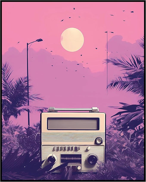 Posterizer 1 pcs-vintage radio and pink girly background collage-Landscape & Nature Art-Abstract & Modern Art-Gift for Art Lovers- UNFRAMED Wall A...
