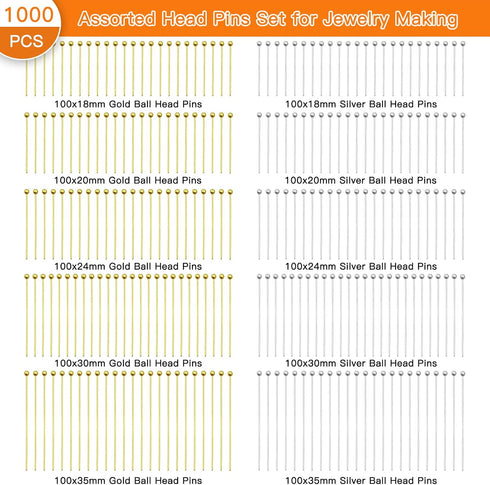 1000pcs Jewelry Head Pins Kit for Jewelry Making,Ball Head Pins Beading Pins Assorted Head Pins Set Head Pins Eye Pins Supplies for Earring Beadin...