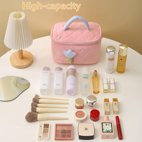 Cute Corduroy Makeup Bag Set of 2(Cream),Quilted Travel Cosmetic Organizer Bag with Tulips, Velvet Toiletry Bag with Portable Makeup Pouch for Wom...