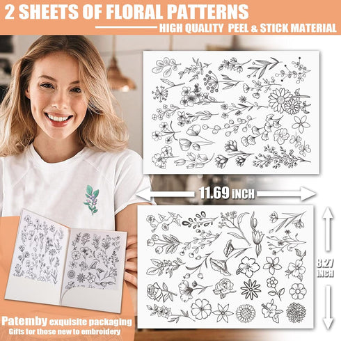 Patemby 50Pcs Water Soluble Embroidery Stabilizers, Stick and Stitch Embroidery Paper with Pre-Printed Flowers and Leaves Pattern Transfers for Ha...