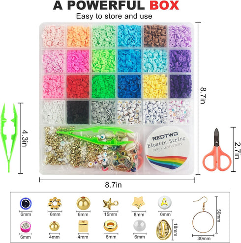 Redtwo 6200 Pcs Clay Beads Bracelet Making Kit, Flat Round Polymer Heishi Friendship Bracelet Jewelry Kit with Charms and Elastic Strings for Girl...