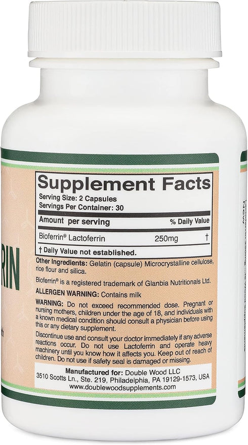 Double Wood Supplements Lactoferrin 250mg per Serving (60 Capsules) Patented Bioferrin Lactoferrin - Superior Iron Supplement for Iron Deficiency ...