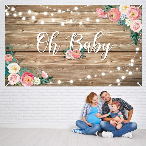Rustic Wood Baby Shower Backdrop Banner Oh Baby Floral Baby Shower Decorations Background for Girls and Boys Wood Floor Flower Wall Newborn Birthd...