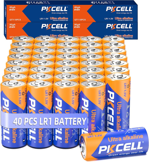 PKCELL 40 Counts 1.5V LR1/MN9100/E90/N Size Alkaline Batteries, Leak-Proof Batteries, High Performance and Powerful Batteries, Suitable for All Ki...