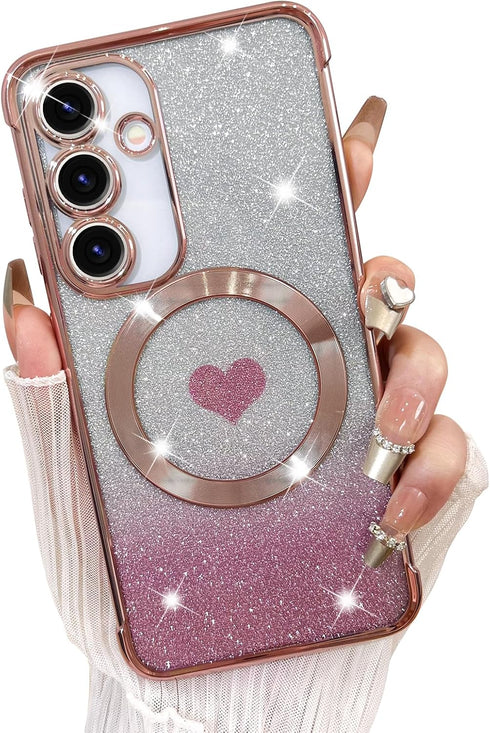 Fiyart Designed for Samsung Galaxy S24 Plus Case,Compatible with MagSafe Love Heart Plating Camera Protection Clear Phone Case, Magnetic Glitter f...