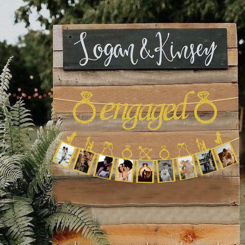 Engagement Wedding Decorations, Gold Engaged Banner and Photo Banner with Romantic Memories Picture Card Frames for Engaged/Wedding/Anniversary/Va...