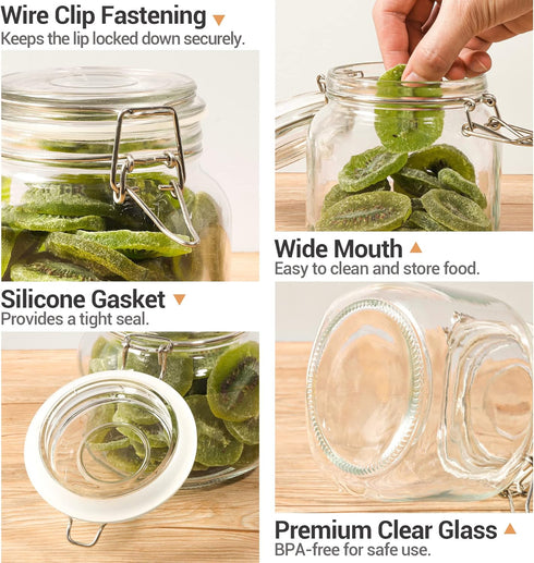 ComSaf Airtight Glass Canister Set of 3 with Lids 34oz Food Storage Jar Square - Storage Container with Clear Preserving Seal Wire Clip Fastening ...