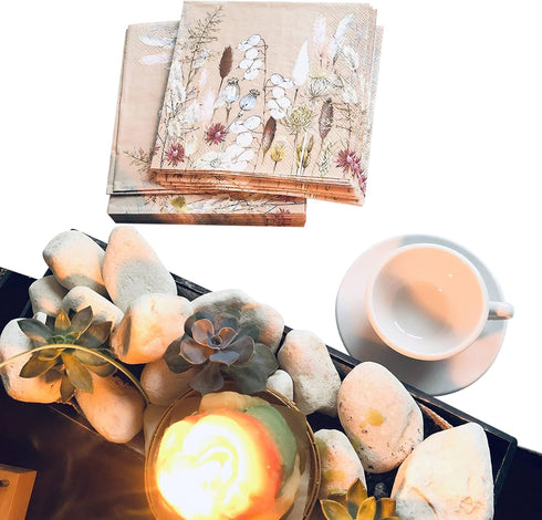 20 Counts 6.5 x 6.5 inches 3-Ply Tan Floral Decorative Napkins for Decoupage, Nature Themed Events, Eco-Friendly & Biodegradable...