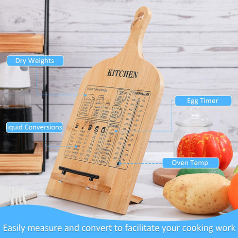 Cookbook Stand, Wooden Cookbook Holder with Measurement Conversion Chart, Adjustable and Dismantle Cook Recipe Book Stand, Cookbook Holders for Ki...