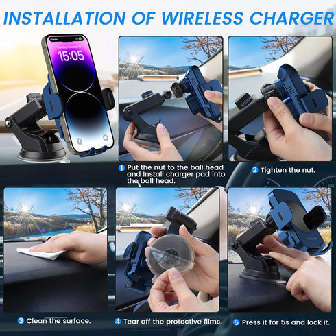 Wireless Car Charger, Fast Charging 15W Auto Clamping Car Charger Phone Holder Phone Mount for iPhone15 14 13 12 11 Pro Max Xs, Samsung Galaxy S23...