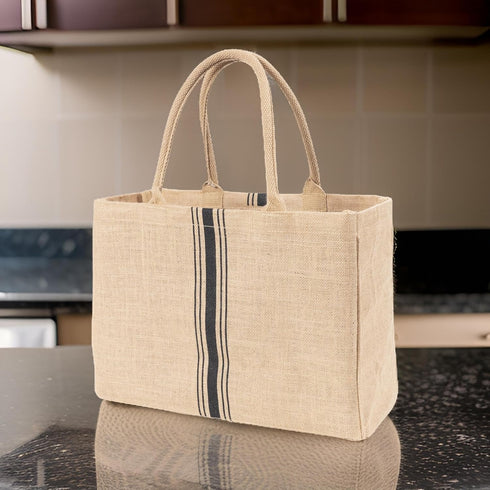 KAF Home Jute Market Tote Bag with Handles, Triple Stripe...