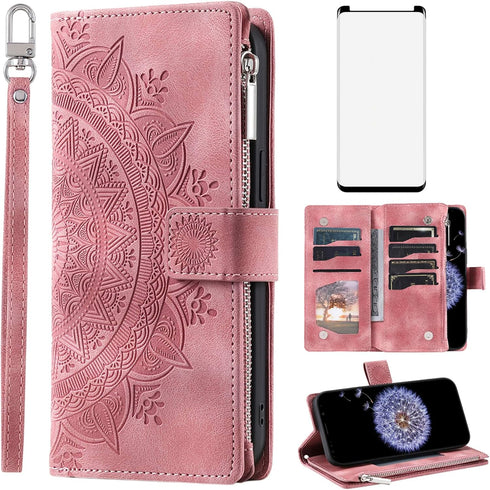 Asuwish Phone Case for Samsung Galaxy S9 Plus Wallet Cover with Tempered Glass Screen Protector and Wrist Strap Mandala Flower Flip Zipper Card Ho...