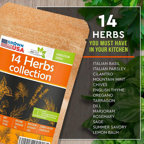 14 Culinary Herb Seeds Pack - Heirloom and Non GMO, Grown in USA - Indoor or Outdoor Garden - Basil, Parsley, Dill, Cilantro, Rosemary, Mint, Thym...