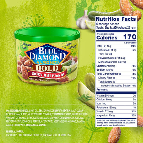 Blue Diamond Almonds Spicy Dill Pickle Flavored Snack Nuts, 6 Oz Resealable Can (Pack of 1)...