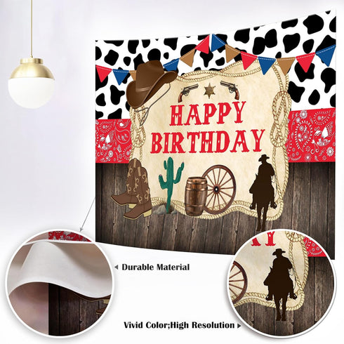 Mocsicka Western Cowboy Happy Birthday Backdrop Rustic Old West Rodeo Cowboy Background Red Bandana and Rustic Wood Kids Birthday Party Decoration...