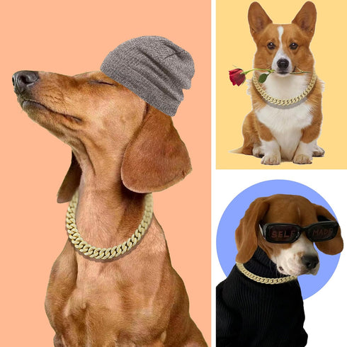 Cuban Link Dog Collar Gold Crystal Dog Necklace Metal Chain Collar with Design Secure Buckle Pet Collar Jewelry Accessories for Small Medium Large...