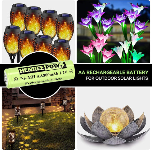 Henreepow Rechargeable AA Batteries, Ni-MH Double A Solar Batteries High Capacity 1.2V Pre-Charged for Outdoor Solar Lights, String Lights?Pathway...