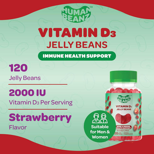 Vitamin D3 Jelly Bean Gummies for Adults, Immunity Support, 2000 IU Vitamin D, Nutritional Vegetarian Supplements, 120 Strawberry Blast Jelly Bean...