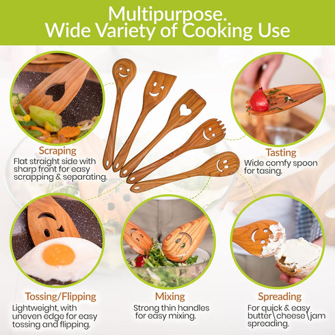 MFC 5-Piece Wooden Cooking Spoons - Kitchen Spatula Set from Natural Cherry Wood - Wooden Spoons for Cooking - Funny Utensil Set with Smiley Faces...
