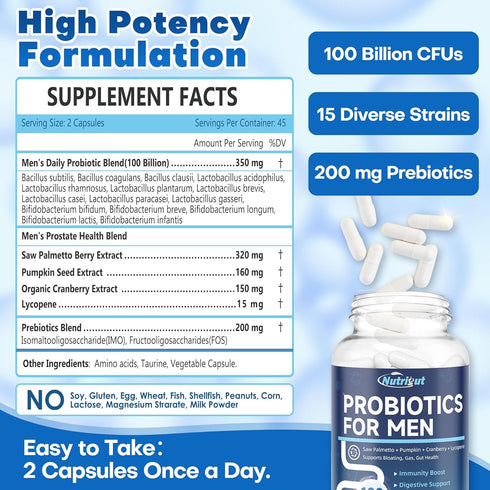 Probiotics for Men, 100 Billion CFUs with Prebiotics, Saw Palmetto Berry, Pumpkin Seed, Cranberry & Lycopene for Prostate Urinary Health, Mens Pro...