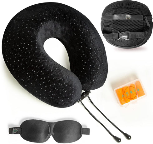 Aeris Memory Foam Travel Pillow for Airplanes - Best Airplane Neck Pillow for Long Flights - Plane Accessories Carry Bag to Save Space, Ear Plugs ...