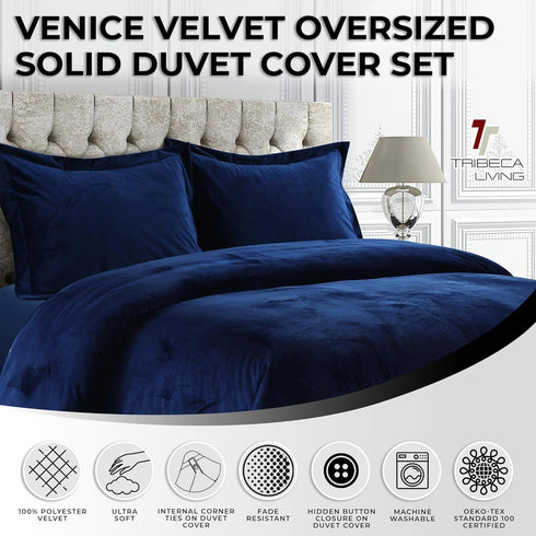 Tribeca Living VENICEDUVET Venice Velvet Oversized Solid Duvet Set, 3 pcs, King, Navy Blue...