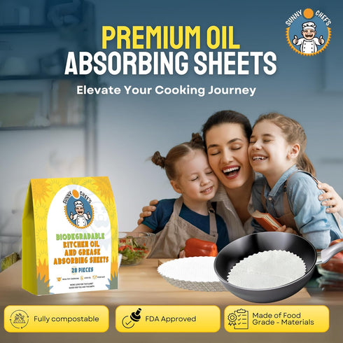 Sunny Chef's Kitchen Oil & Grease Absorbing Sheets for Cooking, 28 Sheets - Food-Grade Grease Absorber for Cooking to Remove Excess Oil from Food,...