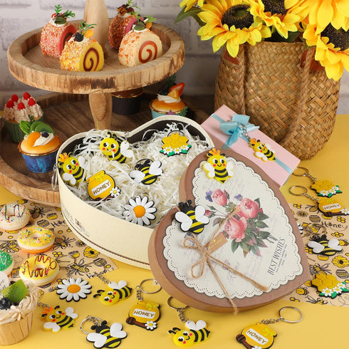 ZAUGONTW 48 Pcs Bee Keychain, Bee Party Favors Bee Decorations, Flower Honey Pots Bees Decor for Bee Theme Party Baby Shower Kids Birthday Supplie...