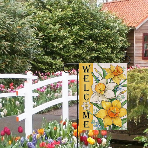 Welcome Spring Summer Floral Flower Small Decorative Garden Flag, Yellow Daffodil Eucalyptus Leaves Yard Lawn Outside Decor, Seasonal Burlap Outdo...