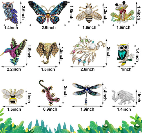 12 Pcs Women Brooches Bulk Set Rhinestone Crystal Vintage with Hummingbird Owl Elephant Peacock Bee Brooch Pin Animal Shape Butterfly Pins for Wom...