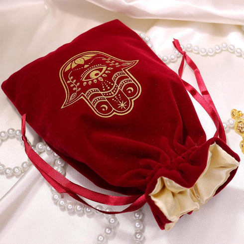 ARTSY CRAFTS 6x9" Hamsa Hand Velvet Jewelry Pouch Gift Bags, Fatima Hand Evil Eye Velvet Drawstring Oracle Tarot Card Rune bags Dice Bag (Rose Red...
