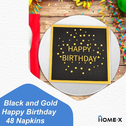 HOME-X Happy Birthday Black and Gold Paper Napkins, Square Party Napkins, 48 Count - 6.5" x 6.5"...