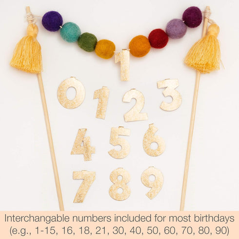 PapaKit Rainbow Pom Pom Birthday Cake Topper with Customizable Age Numbers, Premium Handmade Pre-Strung Party Decoration...