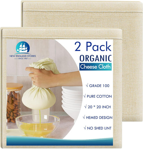 2 PCS Reusable Cheesecloth, Grade 100, 20x20 Inch Hemmed Organic Cheese Cloth for Straining Craft, 100% Cotton Unbleached Muslin Cloth Strainer fo...
