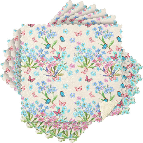 Kitchen Dish Cloths Towels Blue Flowers Butterflies Reusable Super Absorbent Cleaning Dish Rags Nonstick Oil Washable Fast Drying, 12x12 in 6 Pack...