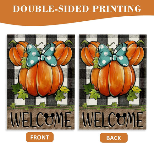 Welcome Fall Cartoon Mouse Pumpkin Decorative Garden Flag, Autumn Thanksgiving Buffalo Plaid Check Yard Outside Decorations, Farmhouse Rustic Outd...