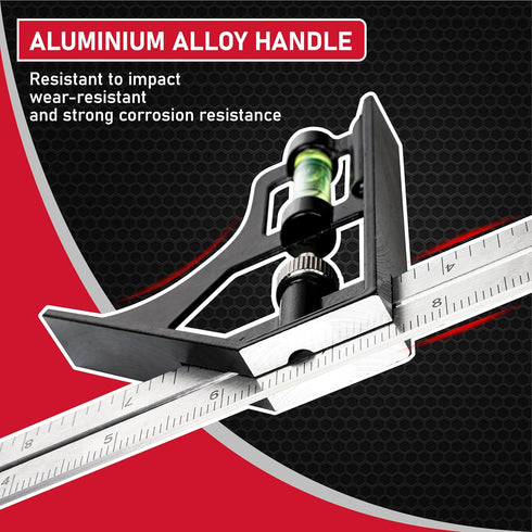 P.I.T. 12 Inch Combination Square, Multi-Purpose Square Tool, Heavy Duty Stainless Steel Ruler with Movable Bubble Level for Angle/Measuring Marks...