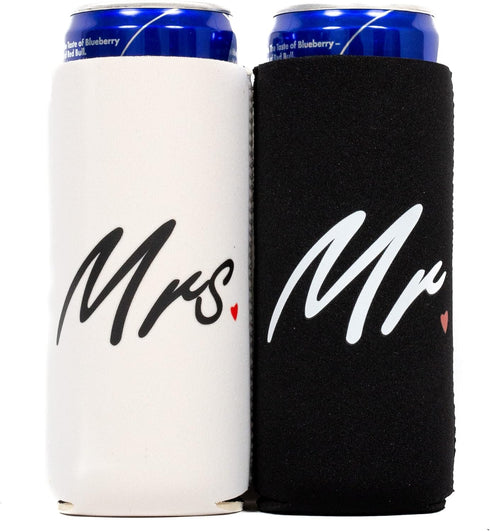 QualityPerfection Mr & Mrs Slim Can Cooler Sleeves (2 Pack) Insulated, Beer/Energy Drink Neoprene 4mm Thickness Thermocoolers for 12 oz Tall Skinn...