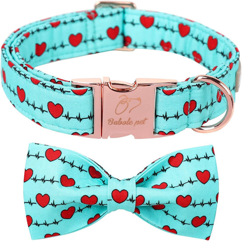 Valentine's Day Dog Collar with Bow Tie,Green Love Heart Signal Male Dog Collar with Safety Metal Buckle Adjustable Puppy Collars for Small Medium...