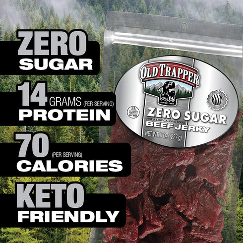 Old Trapper Zero Sugar Beef Jerky, Eight-Ounce Individual Package, Natural Wood Smoked Keto-Friendly Snack, 14 Grams of Protein, 70 Calories, and ...
