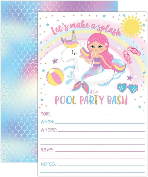 Your Main Event Prints Mermaid Unicorn Pool Party Birthday Invitations - Summer Pool Party Bash - Splash Pad, Water Park Invites - 20 Fill-In Unic...