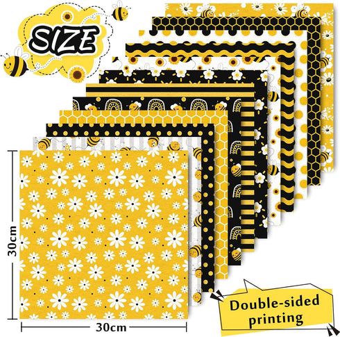 Whaline 12 Designs Bee Pattern Paper Pack 24Pcs Yellow Black Honeycomb Scrapbook Specialty Paper Double-Sided Collection Decorative Craft Paper fo...