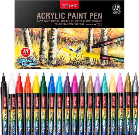 ZEYAR Premium Acrylic Paint Pen, Water Based, Extra Fine Point, 18 Colors, Odorless, Acid Free and Safe, Opaque Ink, Environmental Friendly, AP Ce...